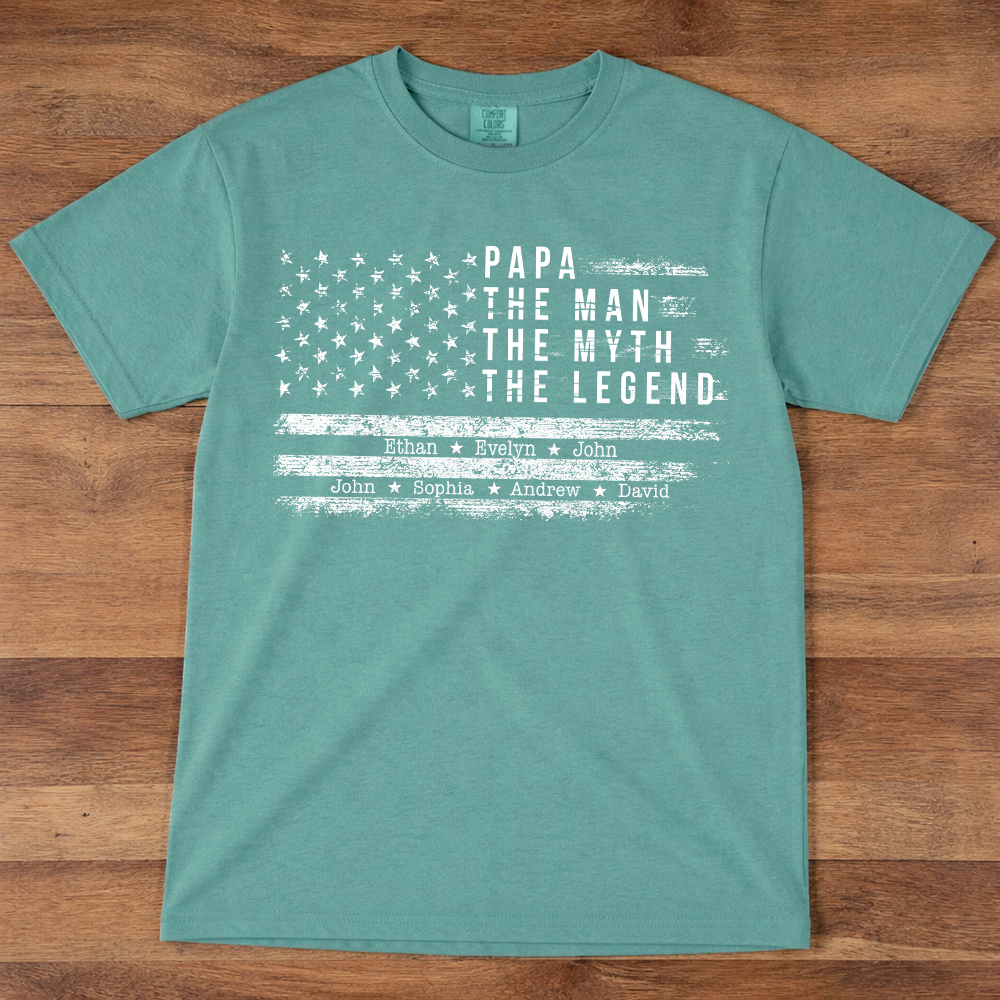Comfort Colors Personalized Papa The Man The Myth The Legend Shirt – Custom Dad Gift with Kids Names and American Flag Design