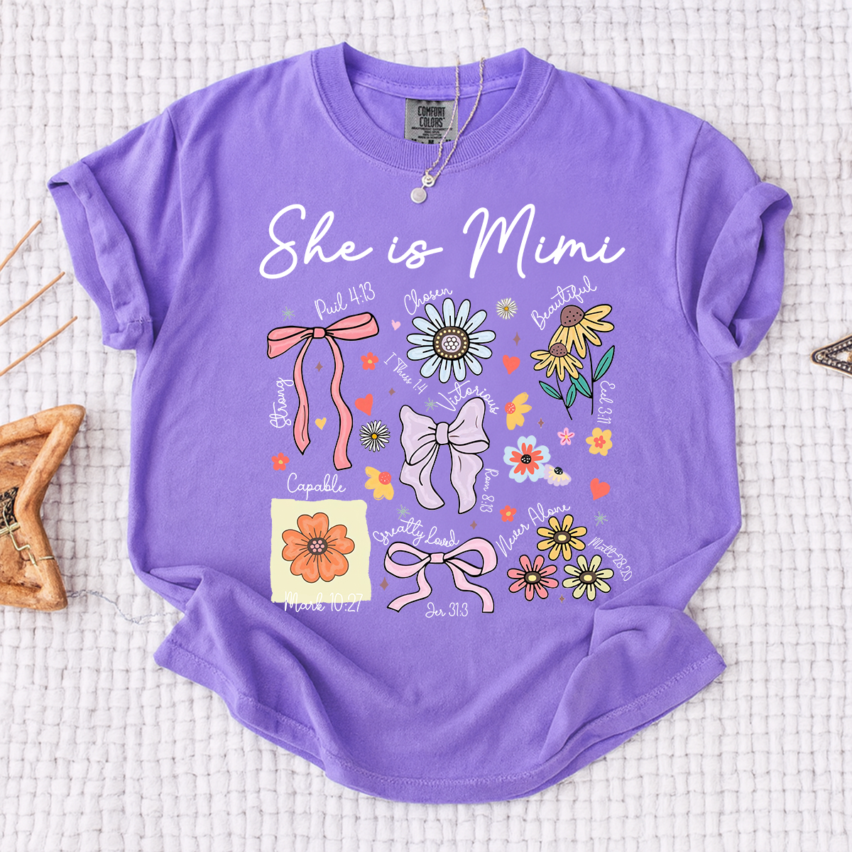 Comfort Colors Personalized Mimi Shirt She Is Mimi Quote with Floral Timeline Family Tee