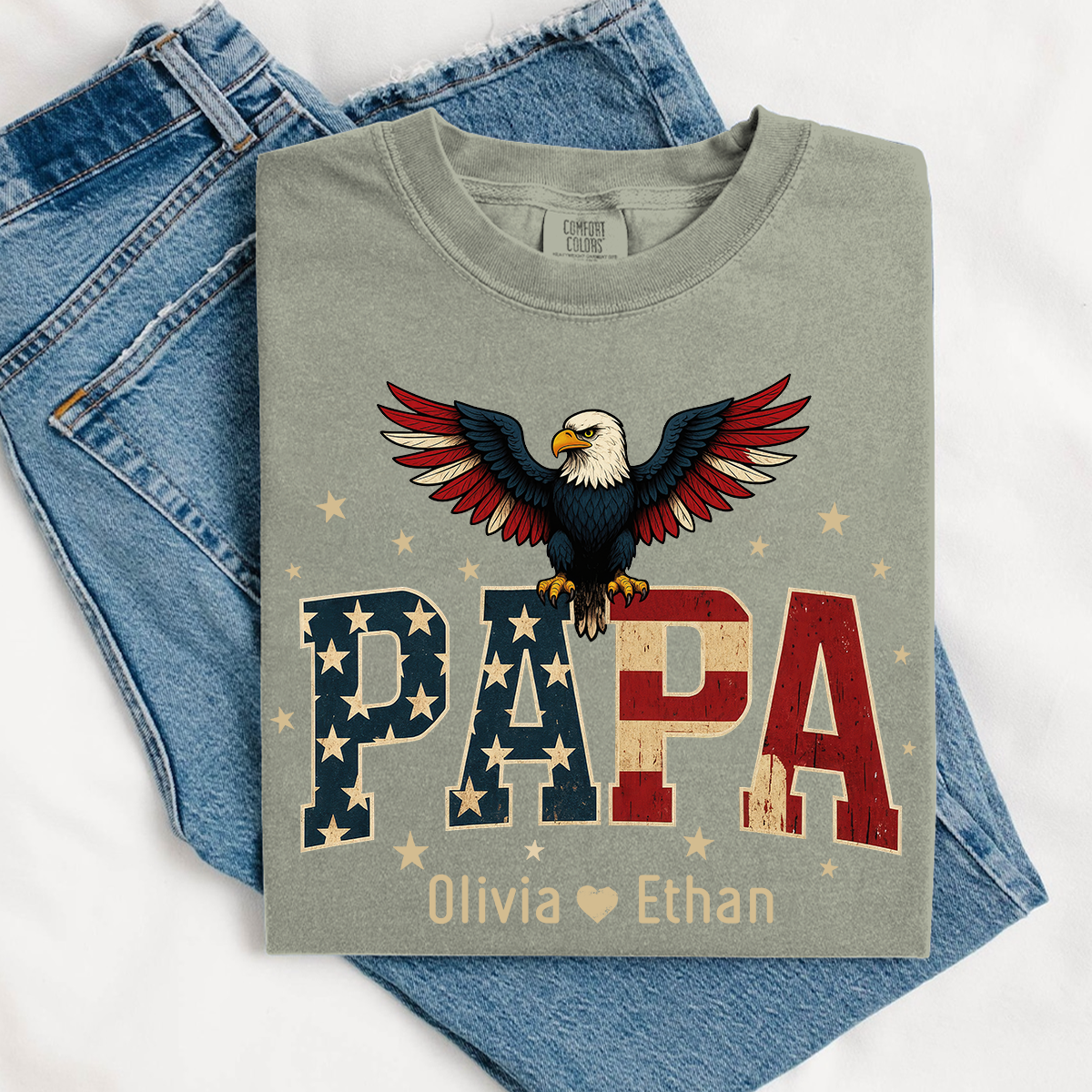 Comfort Colors® Personalized Papa Shirt, Eagle with Grandkids name T-Shirt, Custom Shirt for Fathers Day