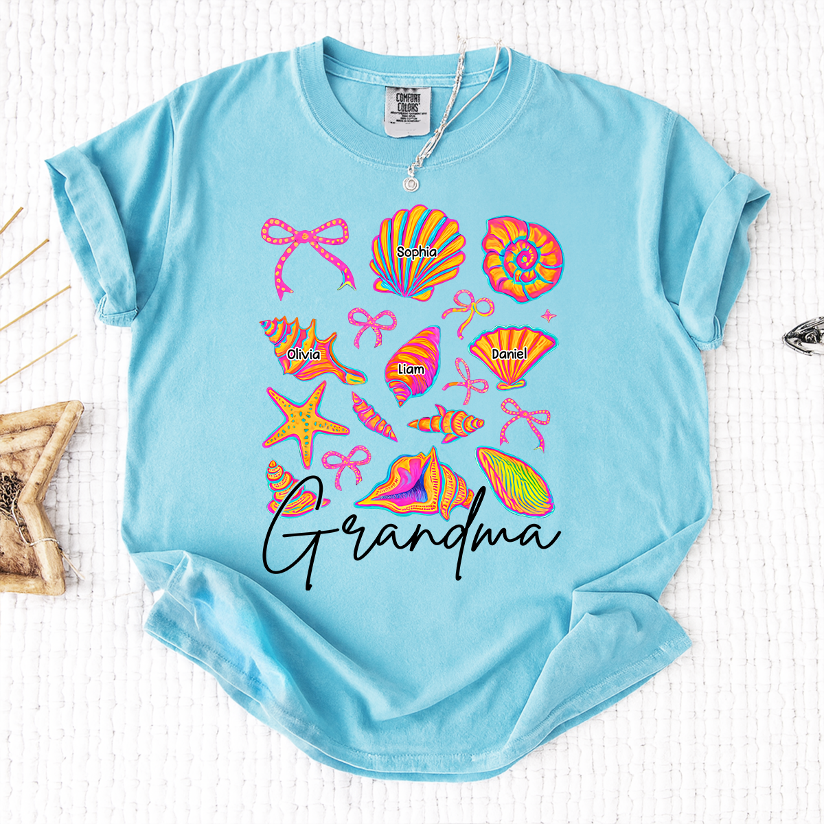 Comfort Colors Personalized Grandma Shirt with Grandkids Names, Custom Beach Seashell Grandma Tee, Coastal Summer Family Gift for Grandmother