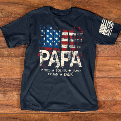 Personalized Papa Shirt for 4th of July – American Flag Custom Dad Gift with Family Name and Kids Names