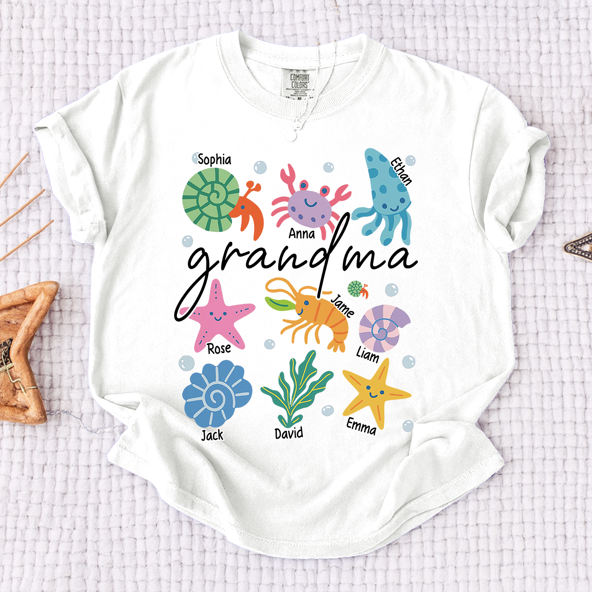 Comfort Colors® Personalized Grandma Sea Animals Shirt, Custom Grandkids Names Tee, Coastal Grandma Ocean Life T Shirt, Beach Gift for Grandma