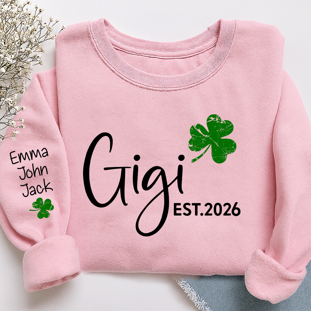 Gigi Shamrock Sweatshirt For St Patrick’s Day, Cute Green Family Sweatshirt For Grandma With The Names