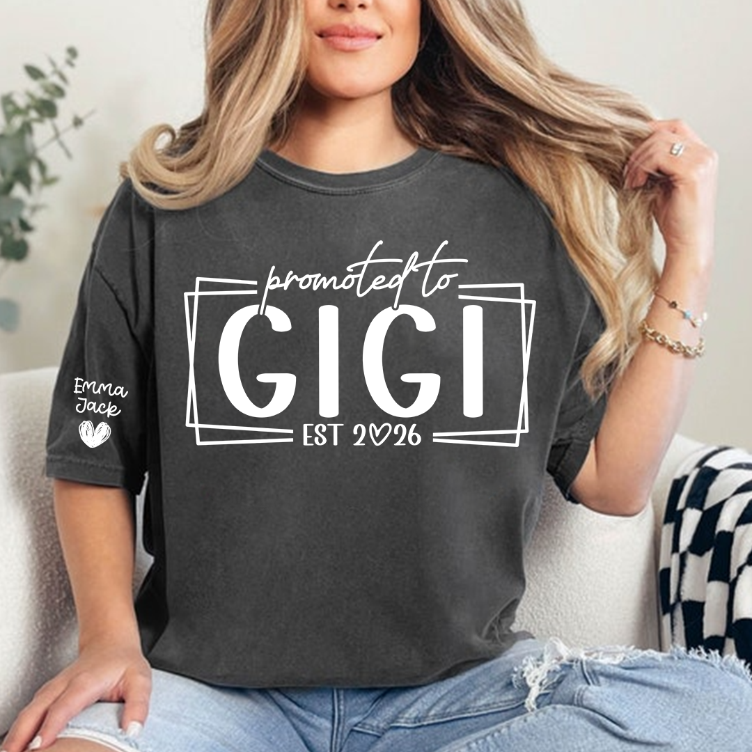 Promoted To Gigi Est 2026 Shirt, Personalized Grandkids Names Sleeve Tee, New Gigi Gift, First Time Grandma Announcement Shirt