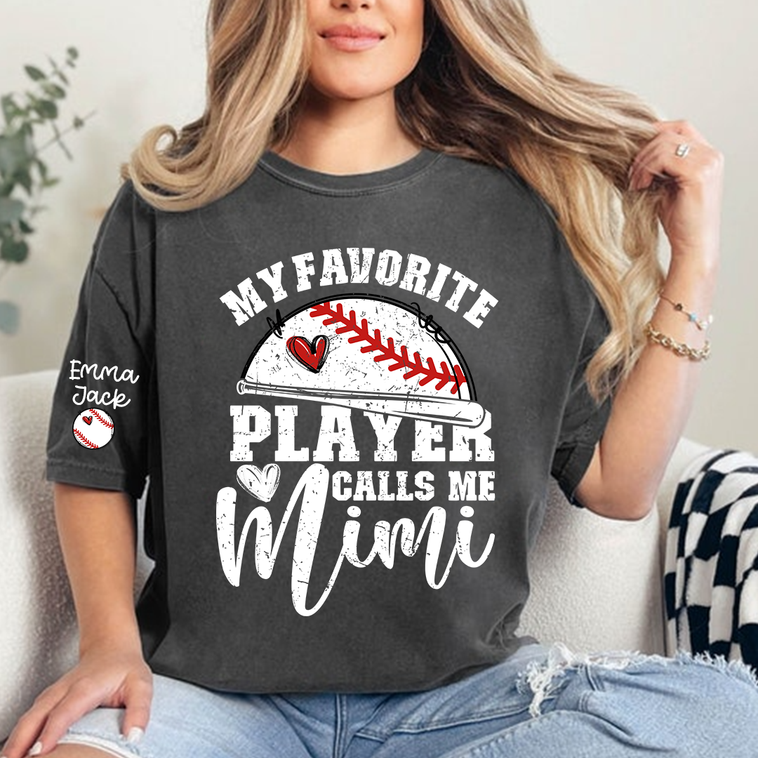 My Favorite Player Calls Me Mimi Shirt, Personalized Baseball T Shirt with Grandkids Names