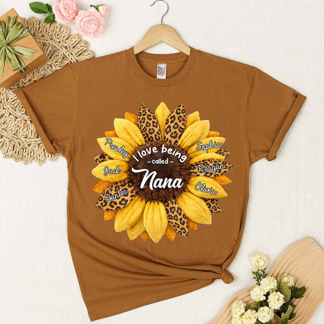Custom Grandma Shirt, Personalized Sunflower Leopard Print Tee with Kids' Numbers, Gift for Grandma