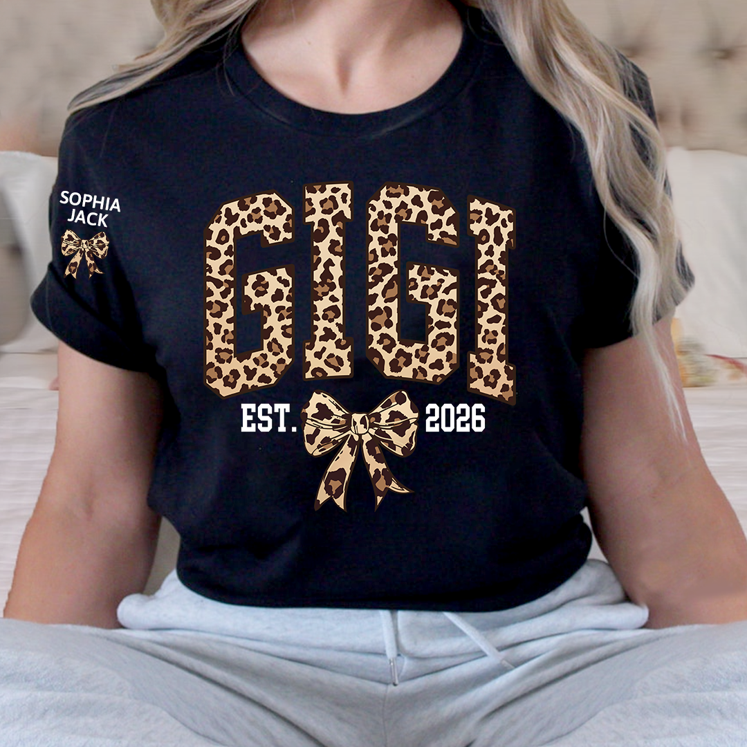 Custom Leopard Gigi, Personalized Heart T-shirt For Grandma And Kids