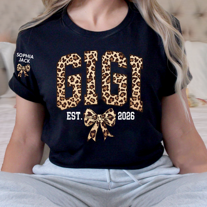 Custom Leopard Gigi, Personalized Heart T-shirt For Grandma And Kids