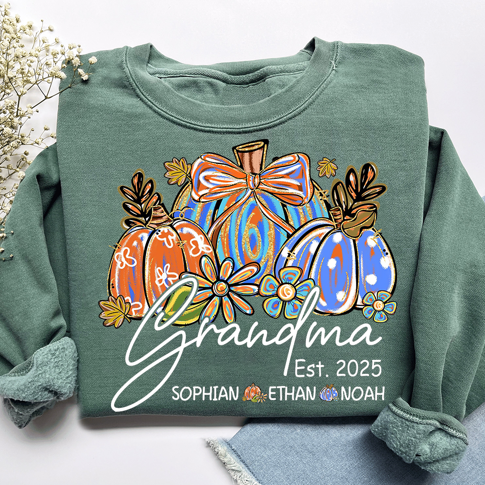 Fall Pumpkin Print Sweatshirt with Pumpkin Brush Pattern, Custom Gifts for Grandma and Grandchild
