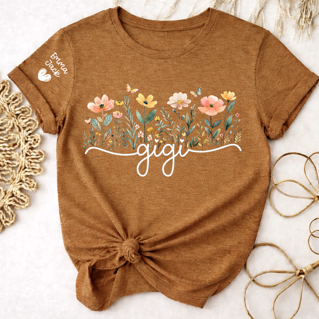 Gigi Floral Shirt, Personalized Grandma Tee with Family Names, Flower Garden Graphic T Shirt, Gift for Gigi from Grandchildren