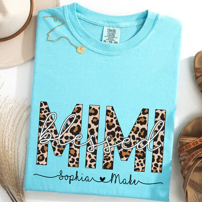 Comfort Colors® -Blessed Mimi Leopard Print T-Shirt – Personalized Grandma Tee with Grandkids' Names – Custom Gift for Mimi
