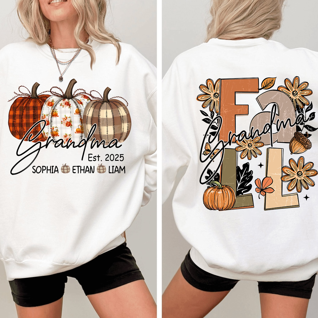 Grandma Autumn Sweatshirt, Pumpkin Floral Shirt with Custom Grandkids Names