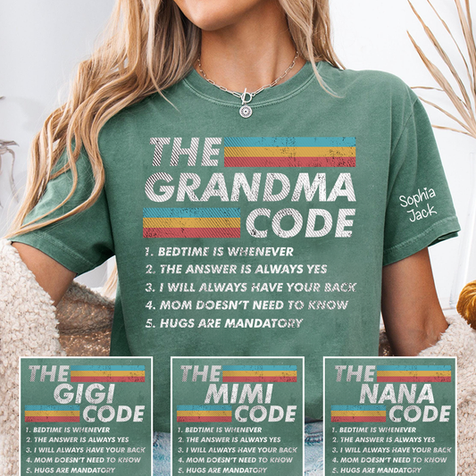 Personalized The Grandma Code" T-Shirt – Personalized Mimi, Gigi, Nana Shirts, Fun Gift for Grandparents, Mother’s Day, Birthday