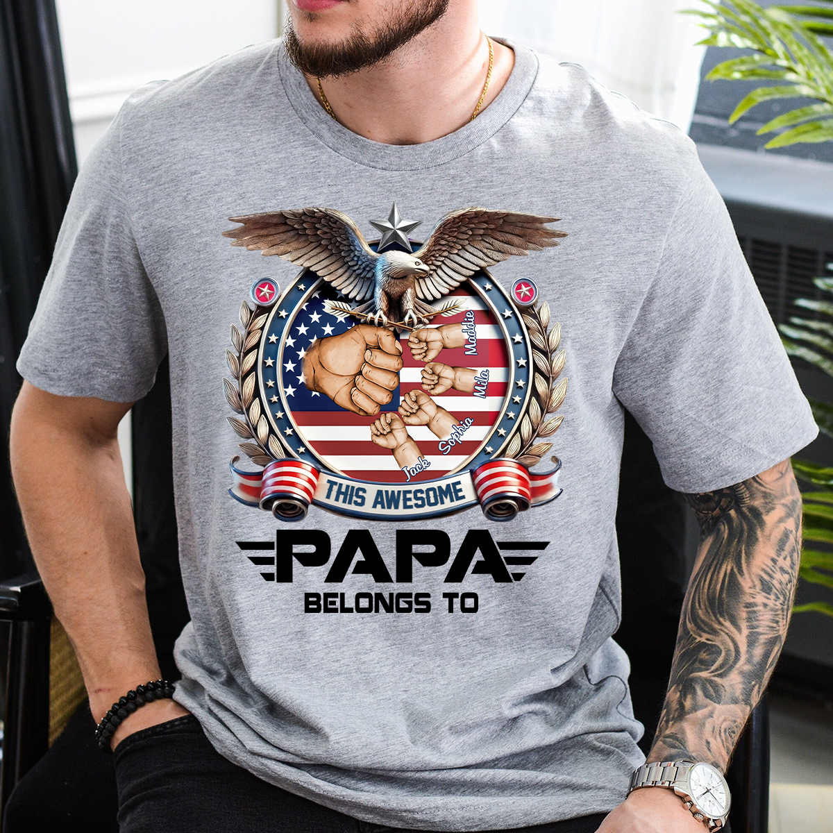 Personalized Papa Shirt This Awesome Papa Belongs To, Custom Kids Names Patriotic Eagle T-Shirt