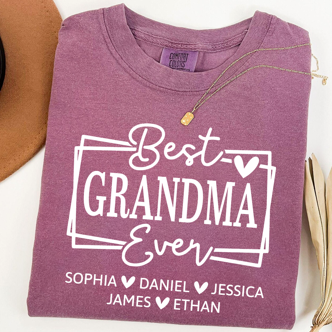 Comfort Colors Best Grandma Ever Personalized T Shirt with Heart Icons, Custom Family Gift Shirt for Grandma