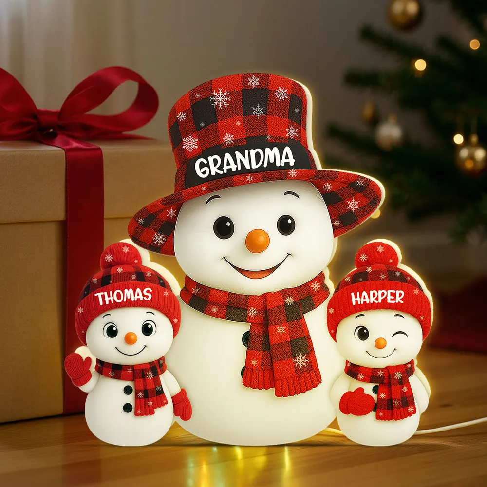 Christmas Checkered Pattern Grandma Grandkids Snowman Together - Personalized Light - Gift For Grandmas Light Box