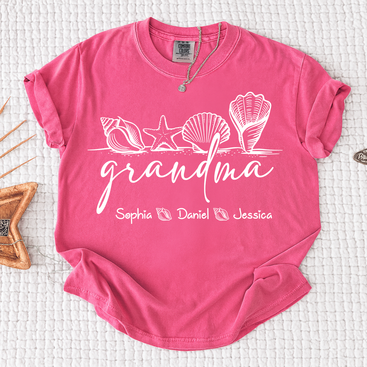 Comfort Colors Custom Grandma Seashell Shirt, Personalized Grandchildren Names Tee, Beach Lover Grandma Gift for Mother's Day and Birthday