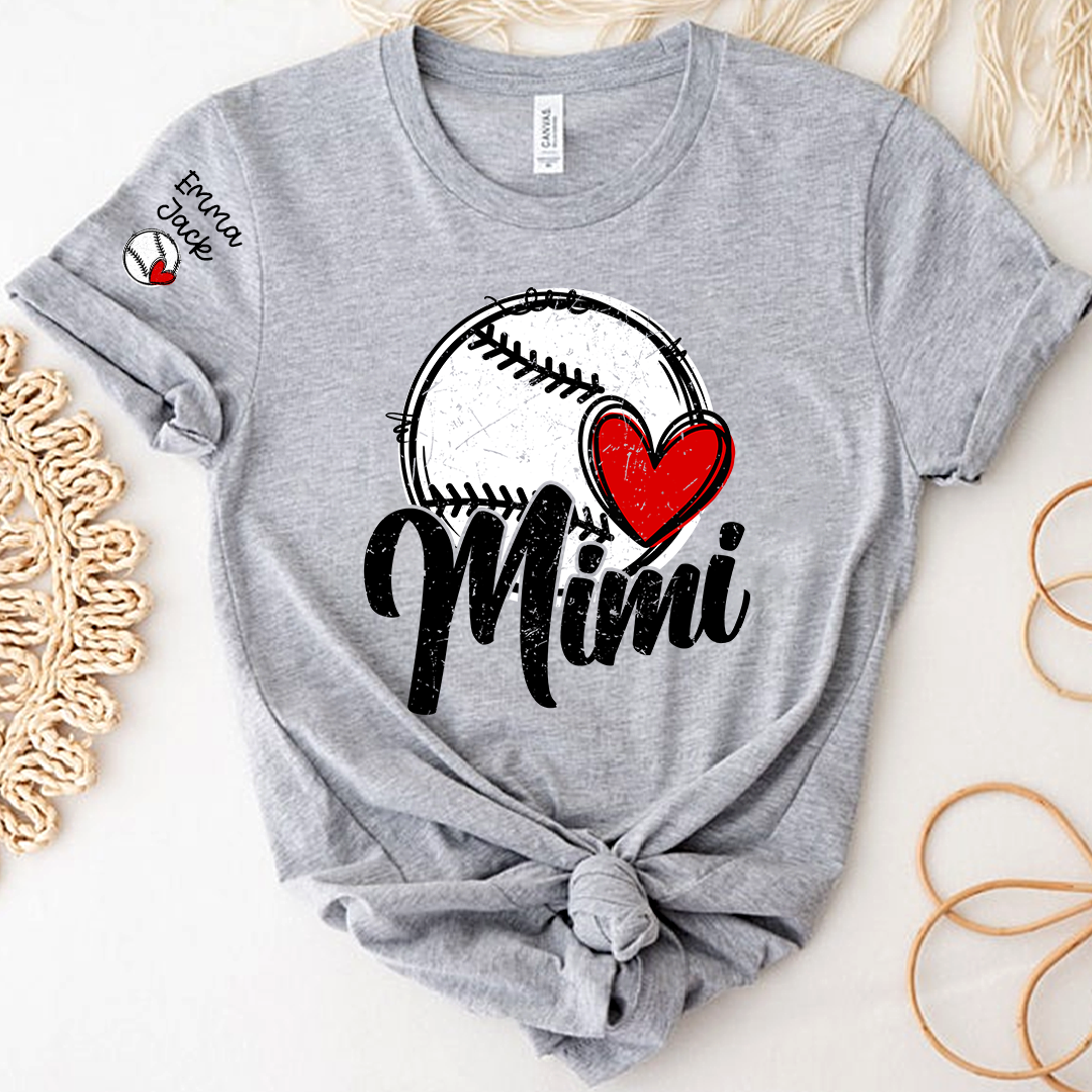 Personalized Mimi Baseball Shirt, Heart and Bat Design with Custom Names