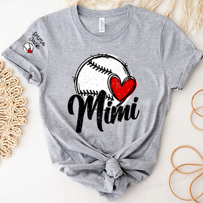 Personalized Mimi Baseball Shirt, Heart and Bat Design with Custom Names