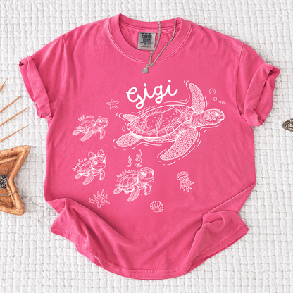 Comfort Colors® Custom Gigi Shirt Featuring Turtle Mom and Baby Names, Unique Grandma Gift Shirt for Women