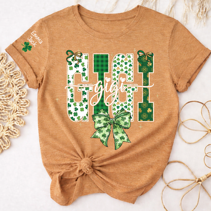 Lucky Gigi St Patrick’s Day T Shirt, Green Clover Bow Design, Gift For Grandma And Grandchildren
