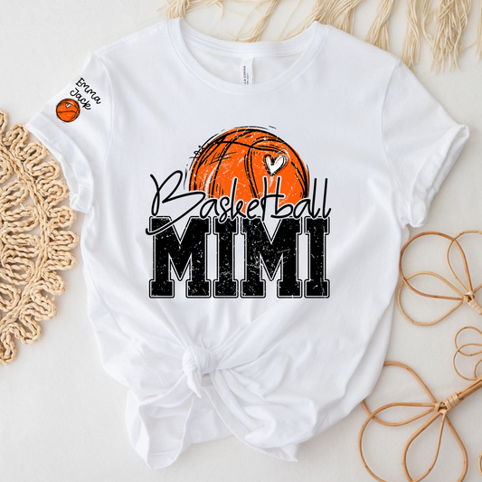 Custom Basketball Mimi Shirt with Heart and Ball Graphic, Personalized Family Names