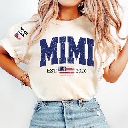 Patriotic Mimi T Shirt, Vintage American Flag Design with Custom Grandkids Names