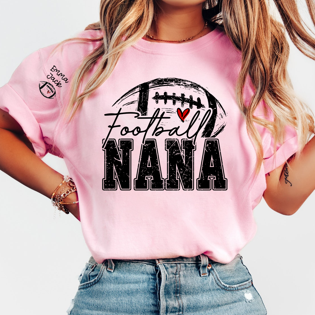 Personalized Nana Football Shirt with Heart, Custom Football Tee Kids Names And Grandma