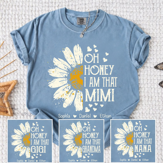 Comfort Colors Oh Honey I Am That Mimi Shirt, Personalized Grandma Nana Gigi T-Shirt with Kids Names, Daisy Floral Tee for Women, Gift For Mother's Day Christmas Birthday