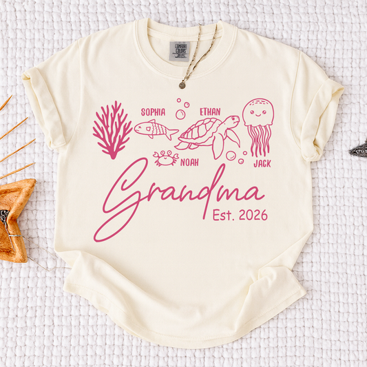 Comfort Colors® Personalized Grandma T-Shirt Ocean Design with Fish, Turtle, Jellyfish and Coral for Family Gifts