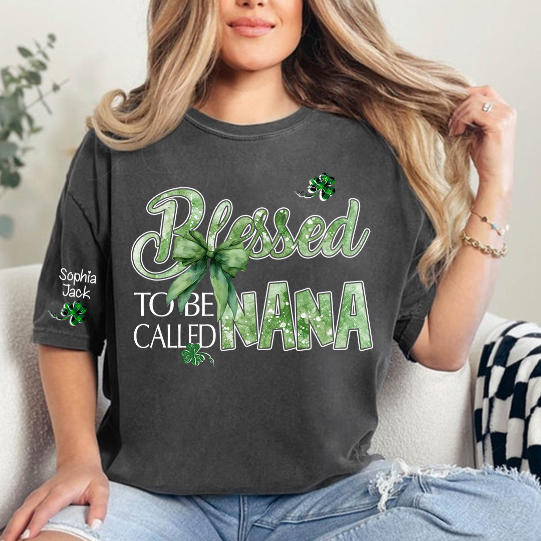 Personalized Nana T-shirt, Blessed to Be Called Nana Patrick's Day Green Clover Bow Design Gift for Grandma
