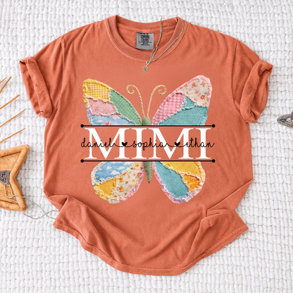 Comfort Personalized Mimi Shirt with Grandkids Names, Butterfly Patchwork Design Family Tee