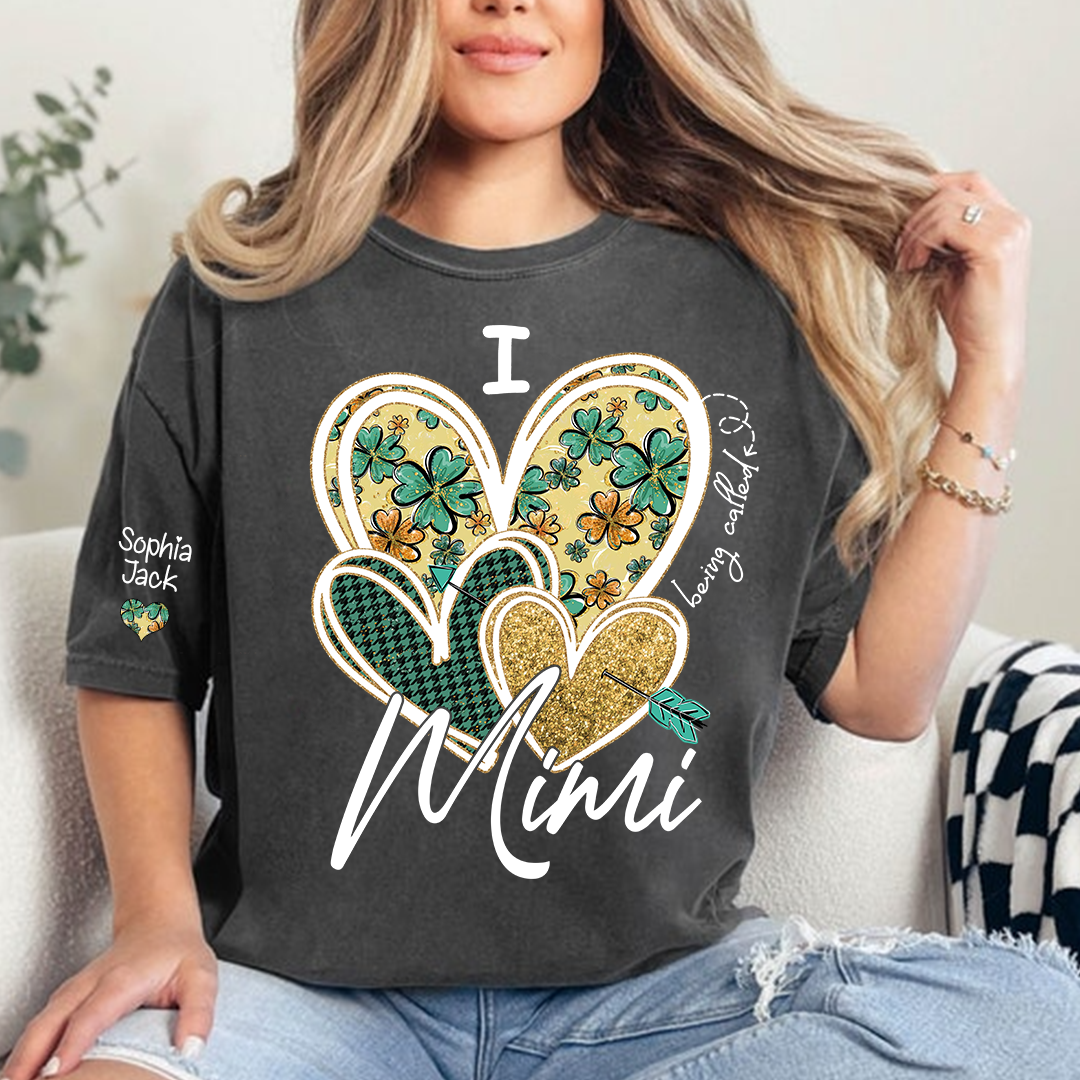 I Love to Be Called Mimi Heart Design T-shirt For St. Patrick's Day, Personalized Clover Design T-shirt for Grandma with Grandchildren's Names
