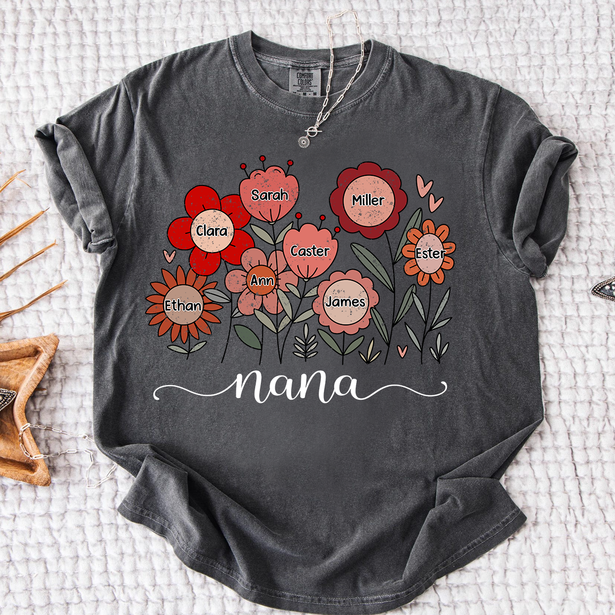 Comfort Colors Personalized Nana T Shirt, Custom Family Floral Design with Kids Names, Perfect Gift for Grandma