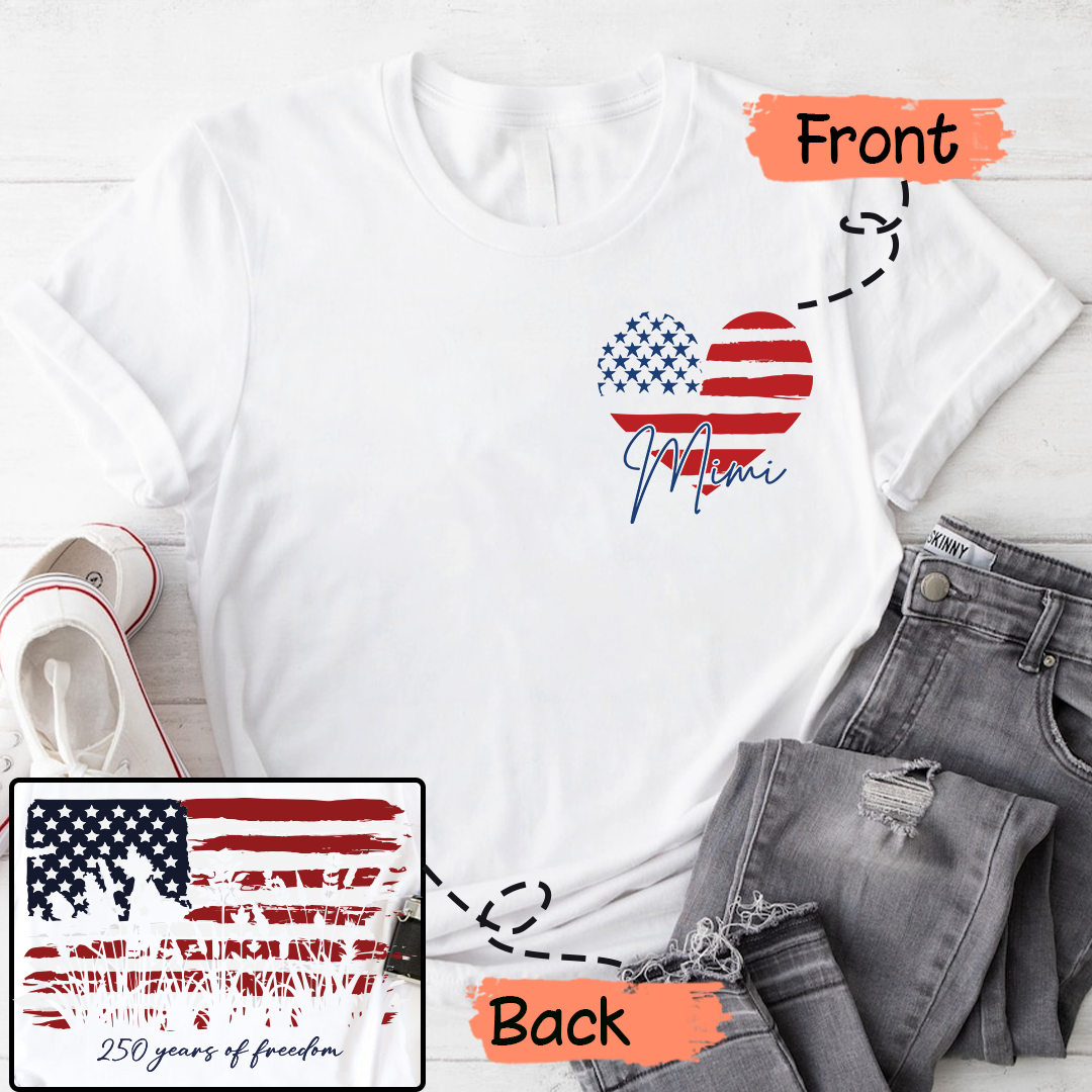 Personalized Mimi Patriotic Shirt, Custom Grandma Name USA Flag Heart T-Shirt, 4th of July Family Matching Tee for Mimi