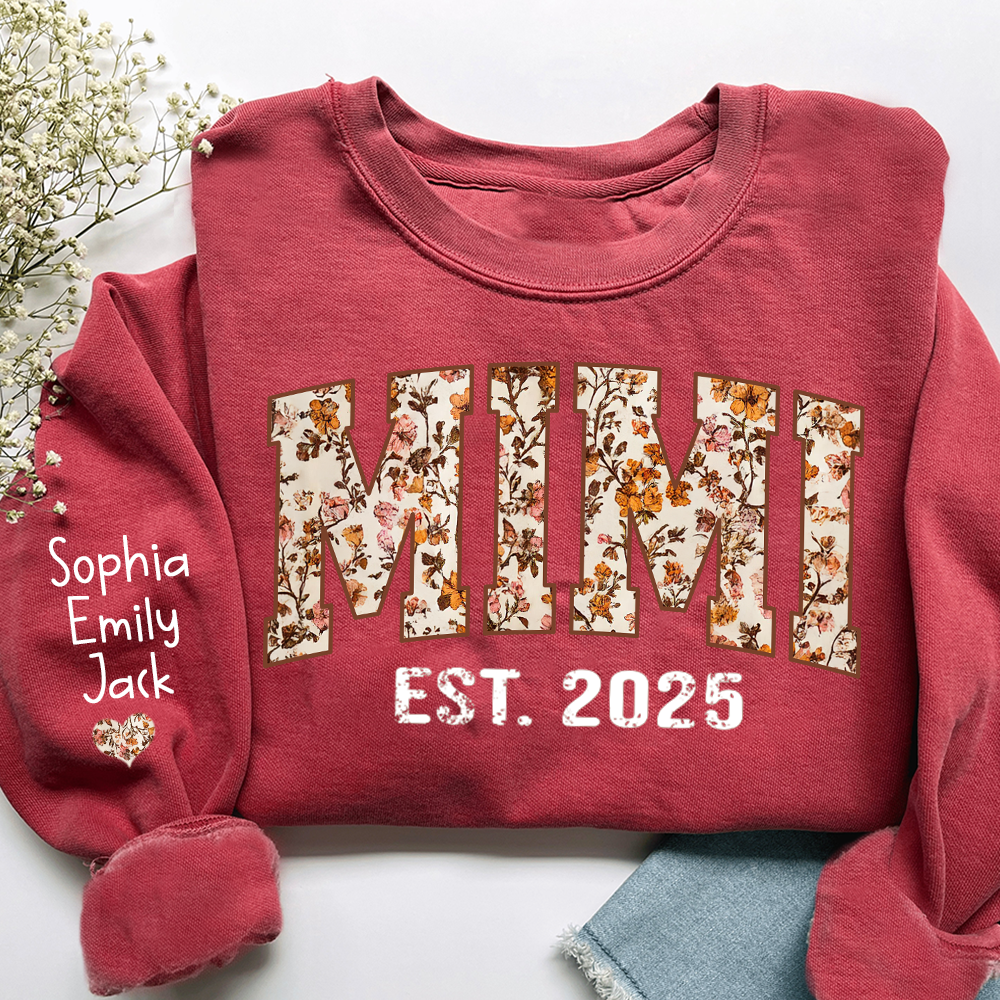 Personalized Fall Grandma, Fall Floral Sweatshirt with Name on Sleeve, Grandma Gift