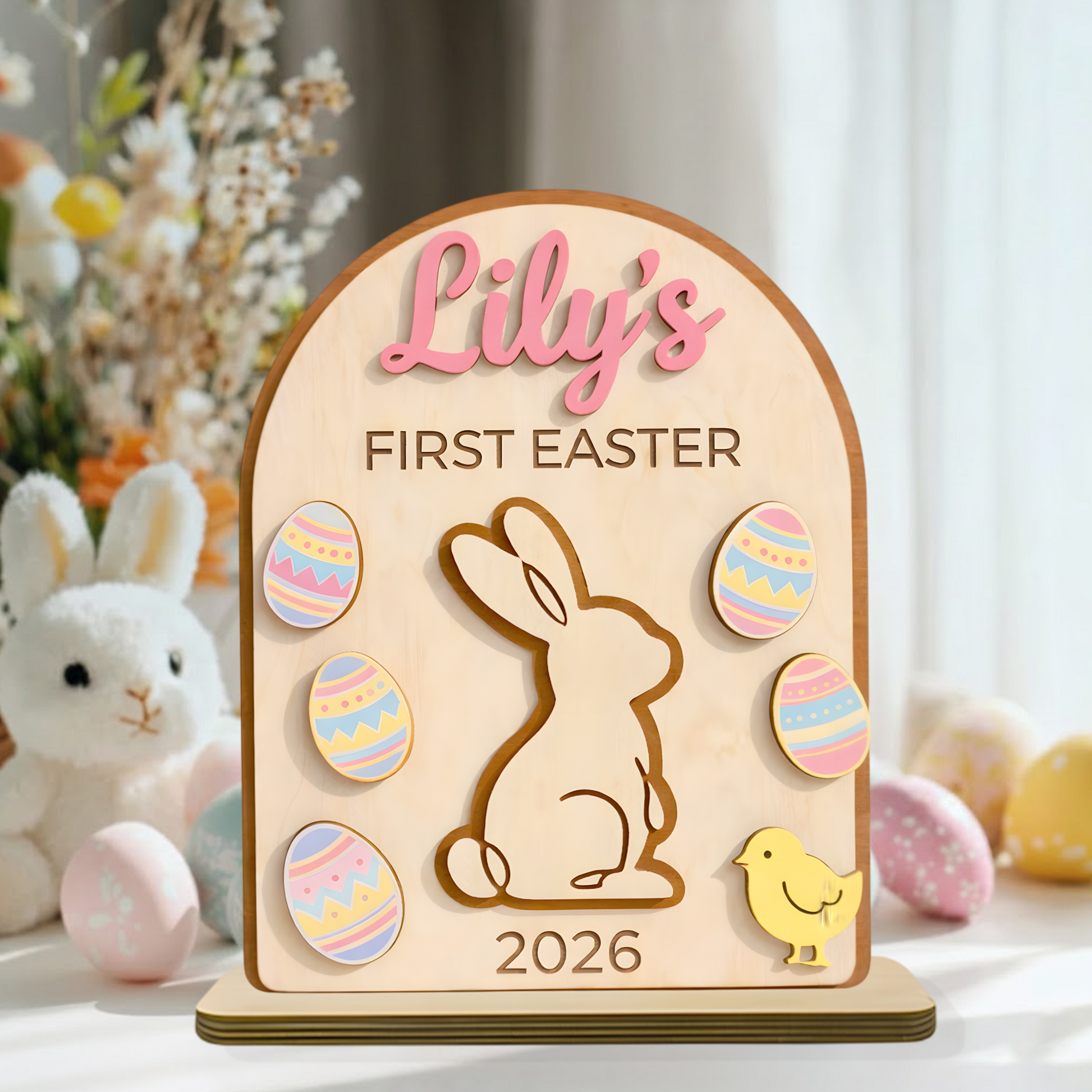 Personalized First Easter Wooden Plaque - Custom Name and Date for Baby Boy or Girl, Cute Bunny and Egg Design