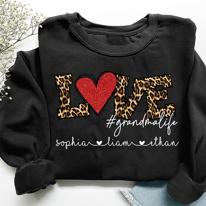 Personalized Grandma Sweatshirt with Grandkids Names, LOVE Leopard Heart Design, Grandma Life Custom Family Crewneck