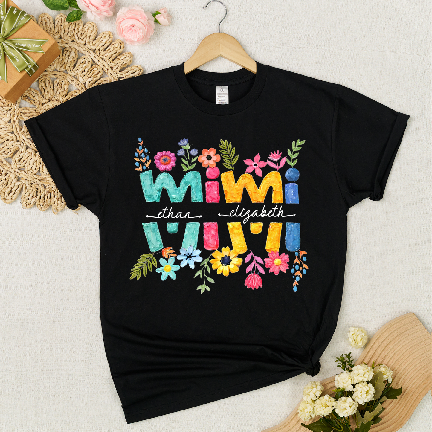 Personalized Mimi Shirt Custom Grandkids Names Floral Letter Graphic Tee Women Family Love Colorful Spring Casual Outfit Top