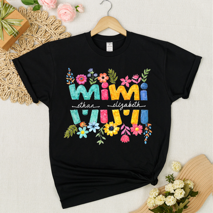 Personalized Mimi Shirt Custom Grandkids Names Floral Letter Graphic Tee Women Family Love Colorful Spring Casual Outfit Top