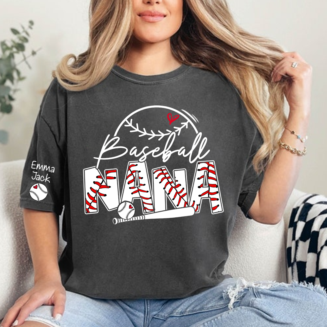 Baseball Nana Shirt Personalized with Grandkids Names, Sports Heart and Bat Family T Shirt
