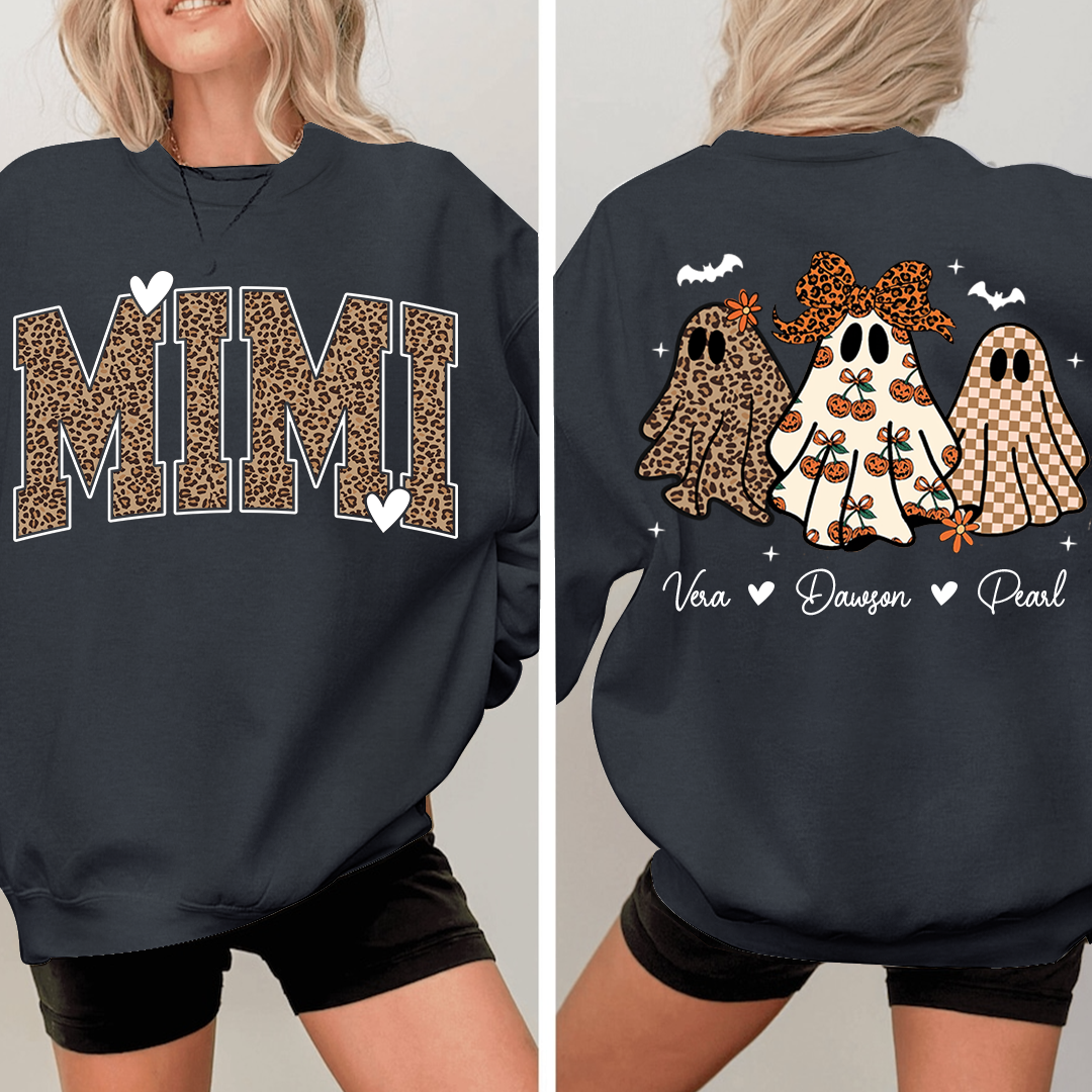 Personalized Mimi Leopard Print Halloween Sweatshirt, Gift for Grandma And Kids