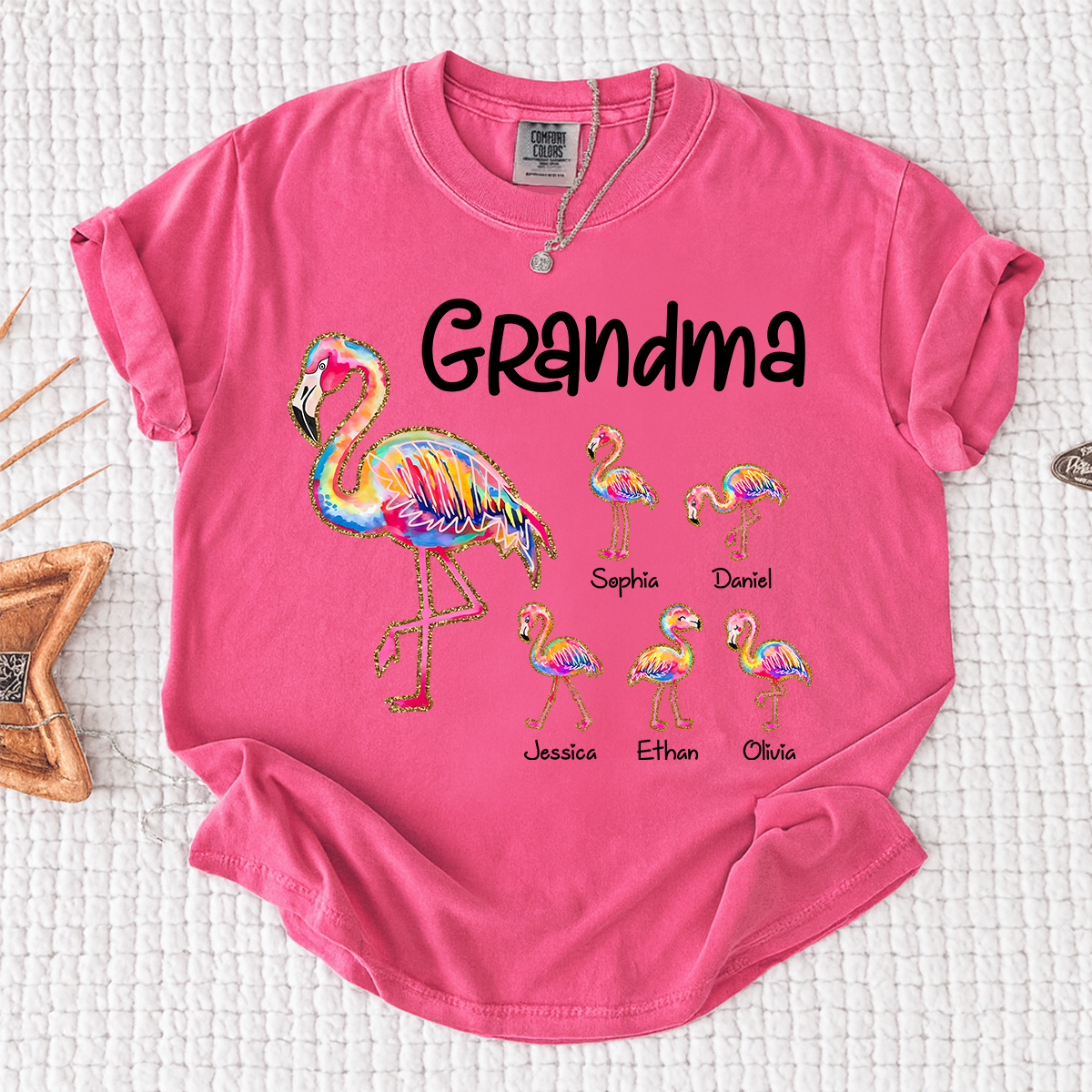 Comfort Colors Custom Grandma Flamingo Tee with Kids Names, Personalized Tropical Bird Shirt for Women, Summer Vacation Family Gift