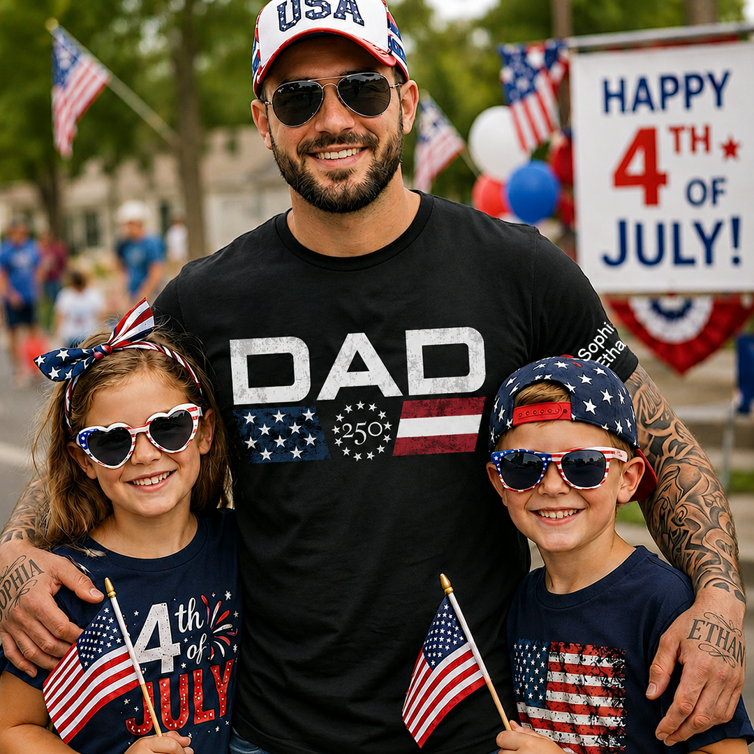 Personalized Dad 250 Years Of Freedom Shirt With Kids Names Sleeve, Patriotic Dad Family, U.S. 250th Anniversary 1776 2026 Gift For Fathers Day Birthday