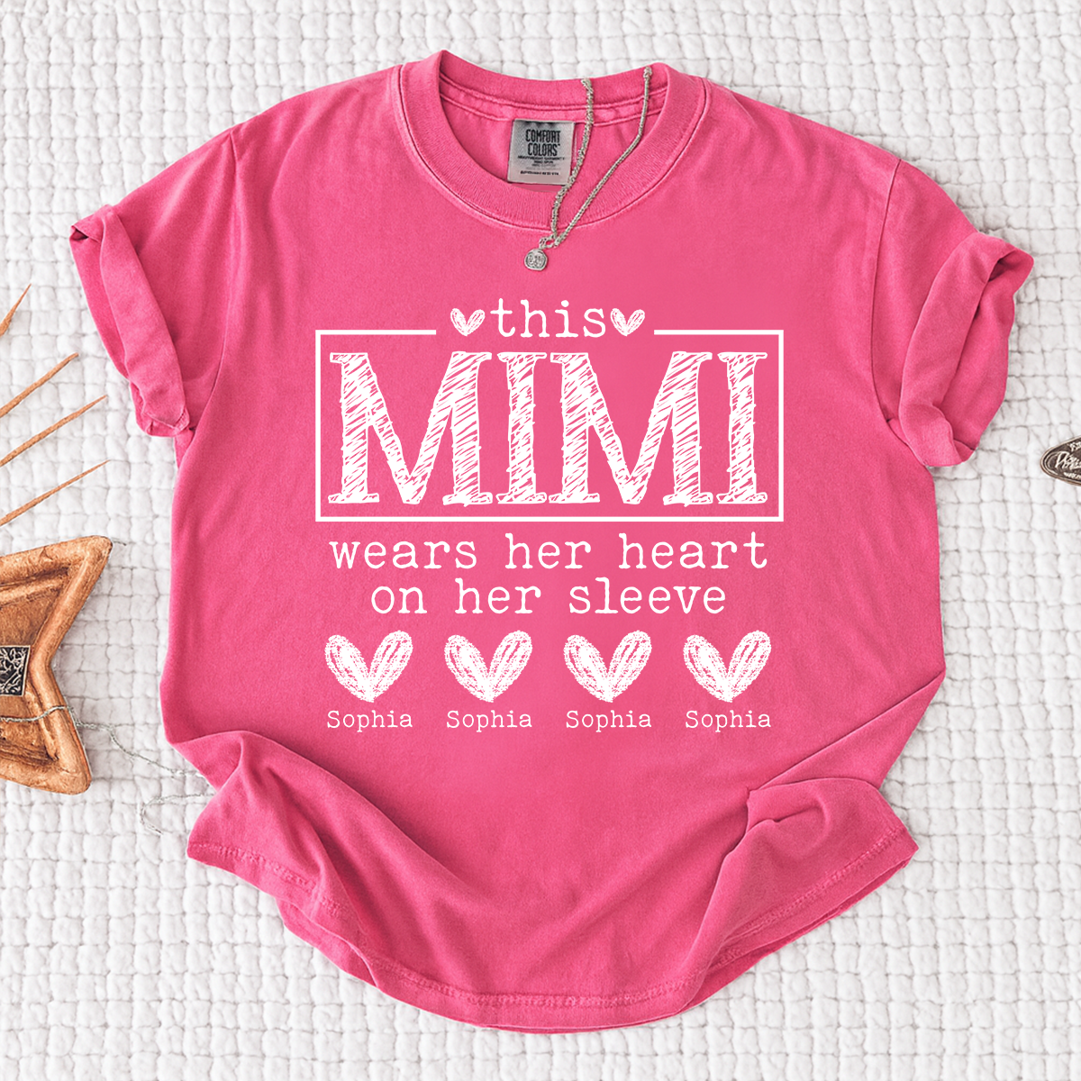 Comfort Colors Custom Mimi Shirt, This Mimi Wears Her Heart on Her Sleeve  with Grandkids Names, Idea Gift for Mother's Day, Birthday