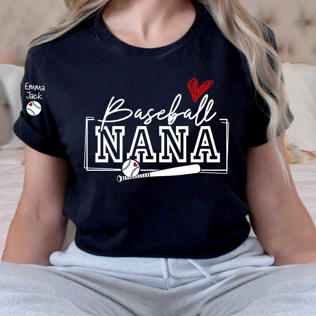 Proud Baseball Nana T Shirt, Personalized Family Sports Shirt with Bat and Heart Design