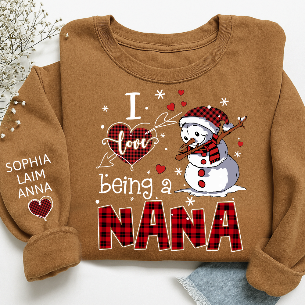 I Love Being a Nana Sweatshirt, Personalized Christmas Snowman Shirt with Kids Names