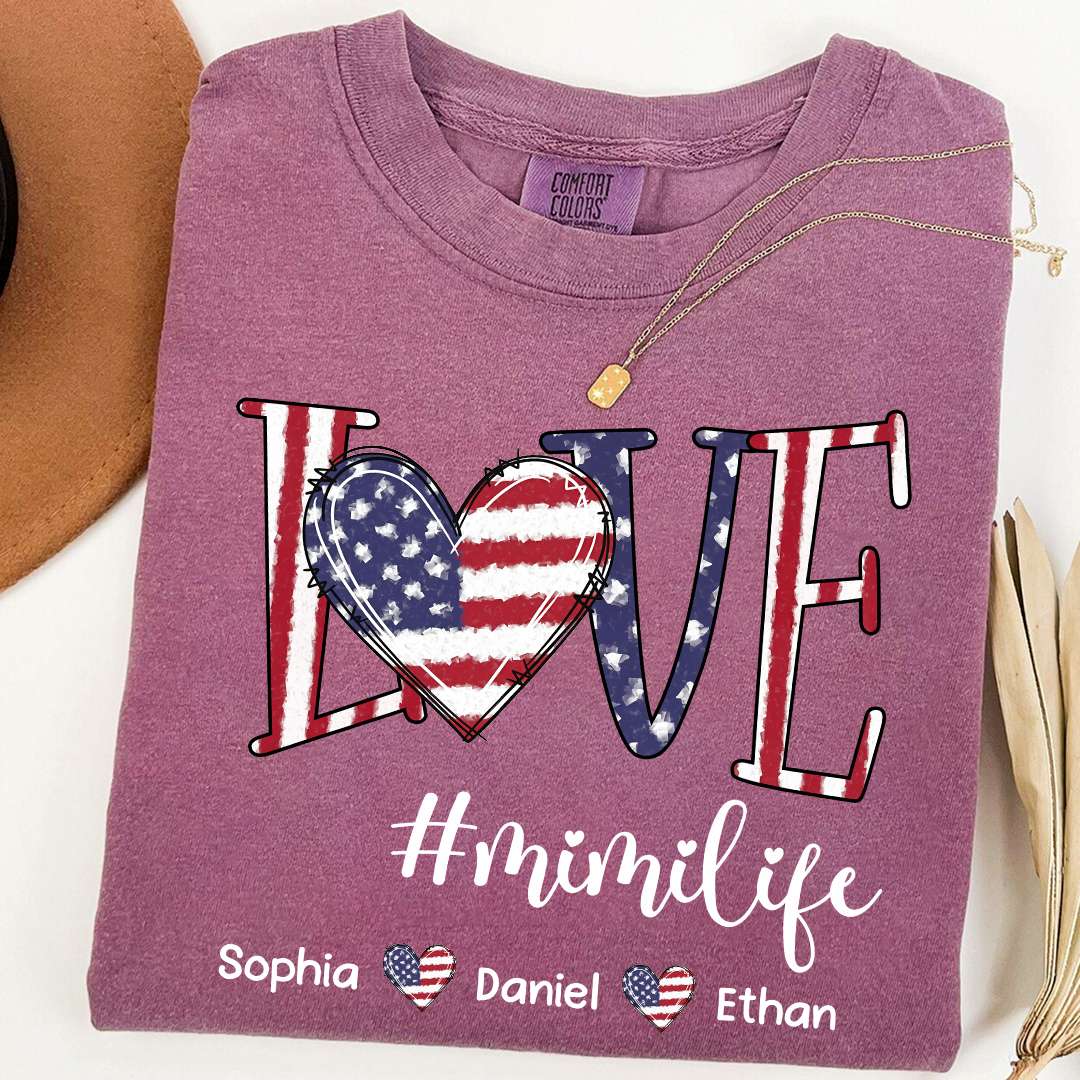 Comfort Colors Custom Mimi T Shirt with Grandkids Names USA Flag Love Graphic Mimi Life Shirt Personalized Grandma Apparel Family Gift