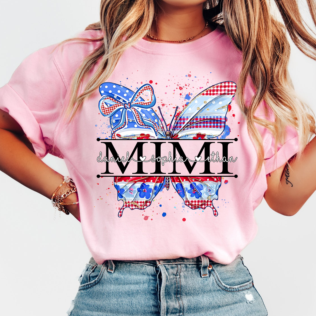 Custom Patriotic Butterfly Mimi T-Shirt, Personalized Grandma Shirt with Red White Blue USA Design