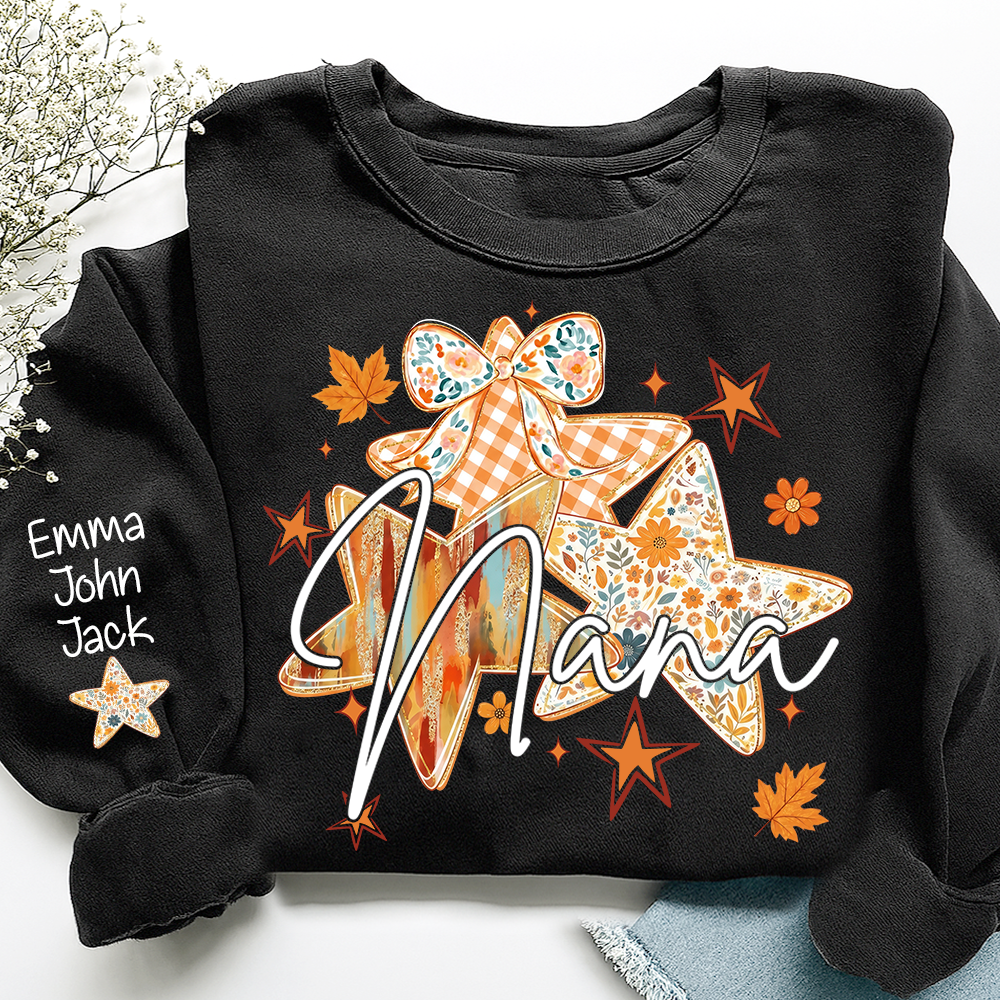 Personalized Nana Shirt for Women, Autumn Star Floral Design Tee, Custom Grandma T Shirt, Cozy Family Gift